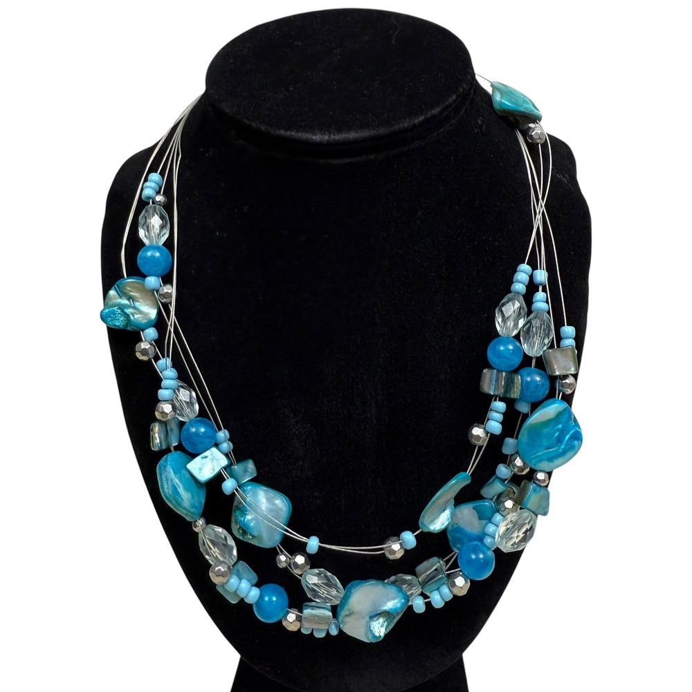 Beaded Chunky Necklace Turquoise Blue Statement 3 Strand Costume Jewelry 10 in - Picture 2 of 5